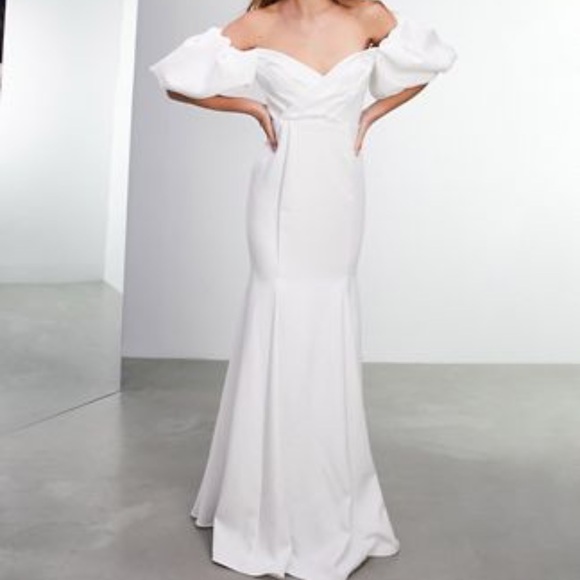 open lace back dress ASOS EDITION Off Shoulder Textured Mini Dress With Blouson Sleeve In Cream main image 1